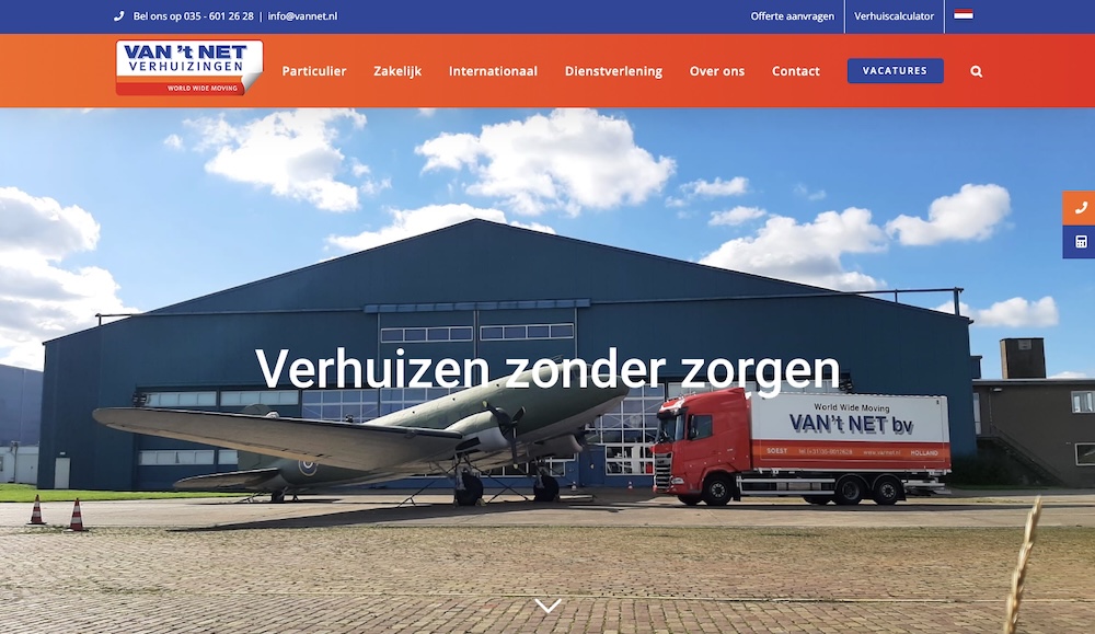 Van 't Net Verhuizingen website | 2xCeed sales, marketing & IT